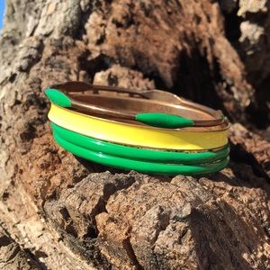 Vintage Green & Yellow Painted Enamel Metal Bangle